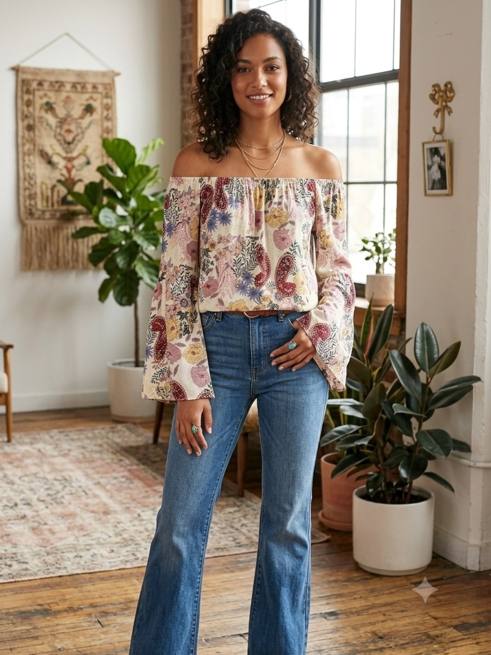 love, Fire Off-Shoulder Floral Paisley Blouse in Cream, Pink, Red, Yellow